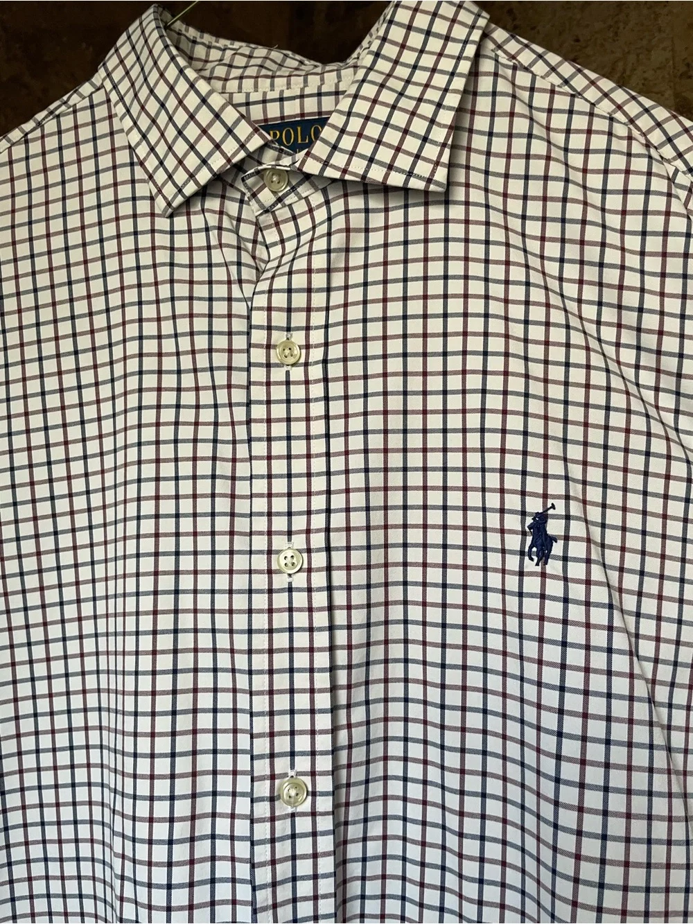 Polo Ralph Lauren White Plaid Button-Down Shirt with Navy and Burgundy Checks